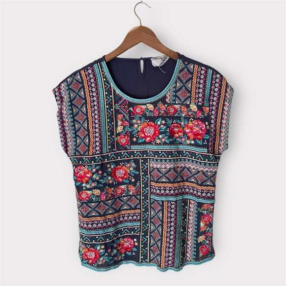 Savanna Jane Floral Boho Embroidered Cap Sleeve Top in Multicolor Blue, Medium - Picture 5 of 9
